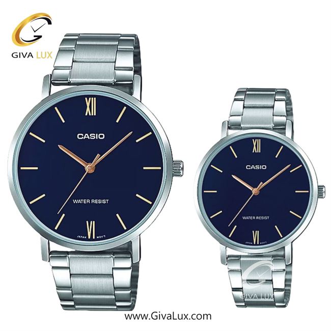 ساعت مچی اورجینال ست کاسیو Casio نقره ای | نقره ای| سرمه ای| کد رفرنس زنانه: LTP-VT01D-2BUDF، مردانه: MTP-VT01D-2BUDF